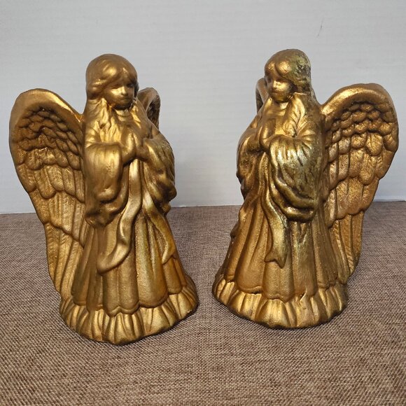 Vintage Ceramic Gold Praying Angels With Open Wings Candle Holders Set of 2 - Picture 8 of 8